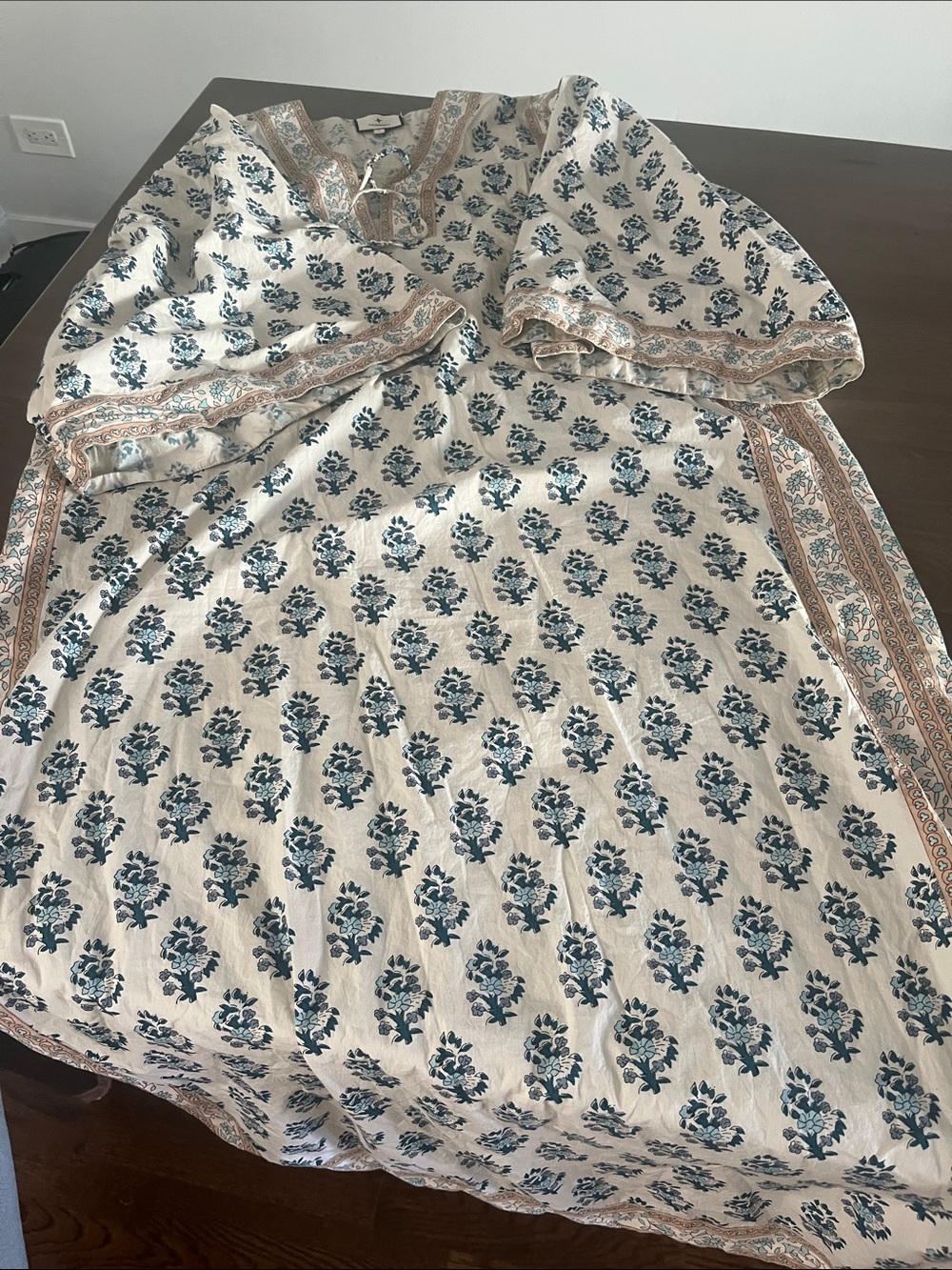 Tuckernuck Cream Midi Dress with Blue Floral Print and Tan Trim - Picture 3 of 8